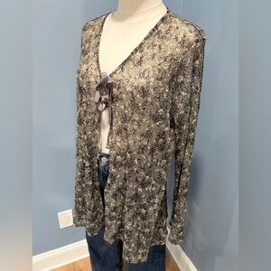 LOGO by Lori Goldstein Floral Tie-Front Blouse in Gray and Cream